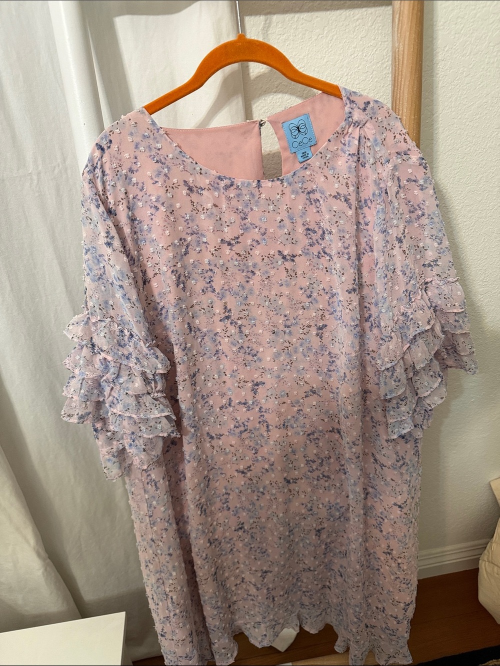 CeCe Pink Floral Shift Dress with Blue Floral Print and Ruffled Sleeves